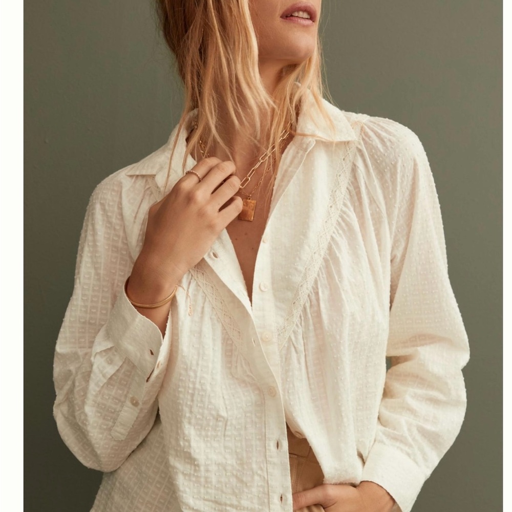 Anthropologie Pilcro Ivory Lace Back Button Down Blouse
